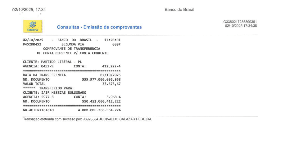 Comprovante de transferência do PL para Jair Bolsonaro